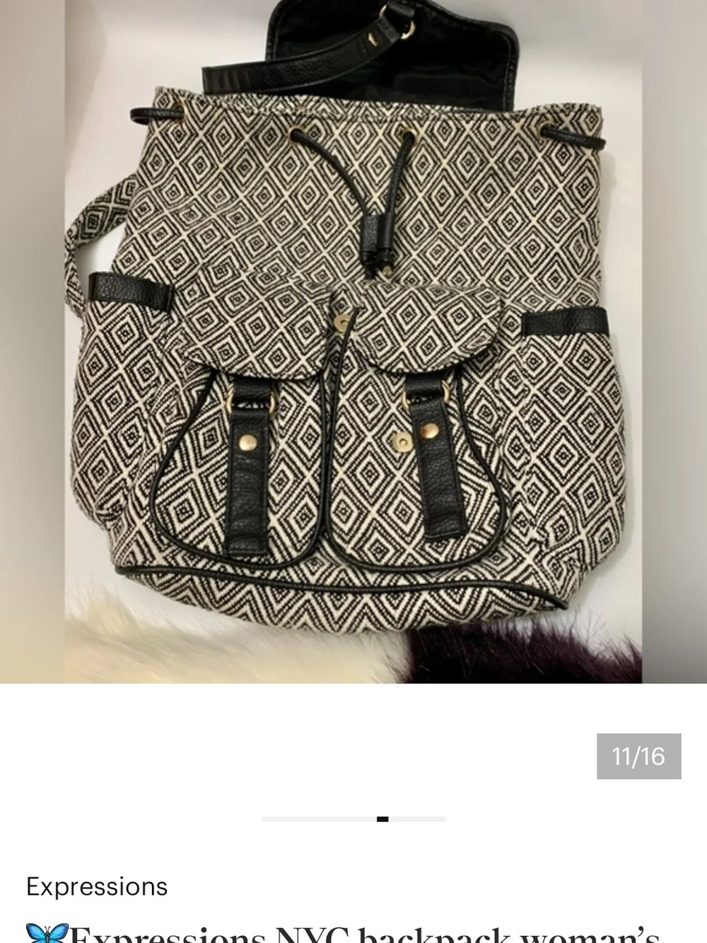 Expressions BrandBlack & Cream Geometric Drawstring Backpack  Faux-Leather Trim